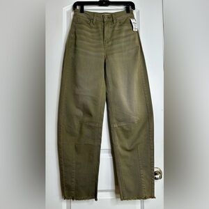 High-Rise Barrel jeans Olive Green Grunge Raw Hem Size 1/25W Lagenlook